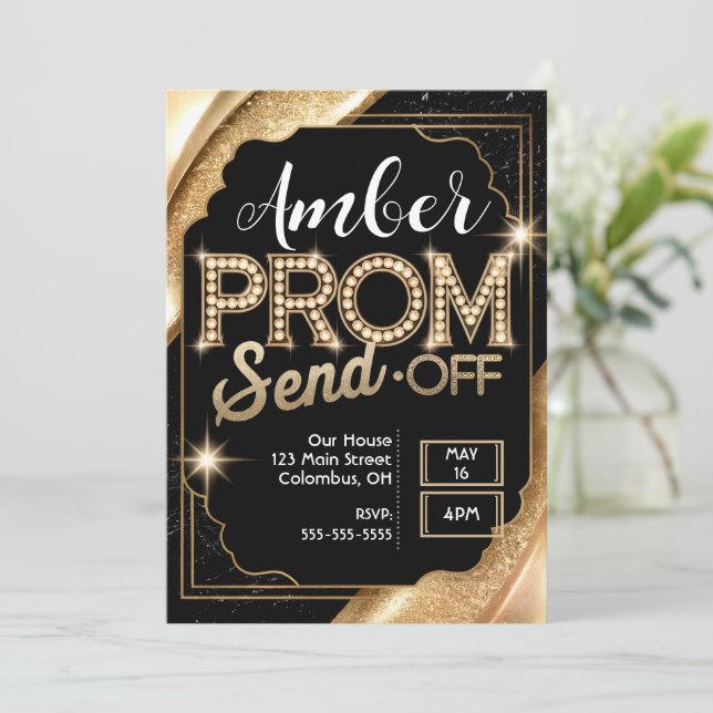 Customise PROM SEND-OFF Sparkling Black and Gold Invitation (Standing Front)