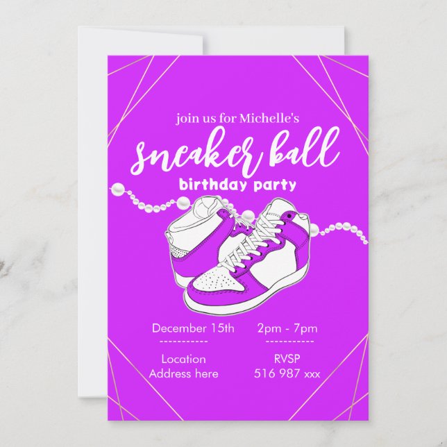 Customise purple sneaker ball invitation template (Front)