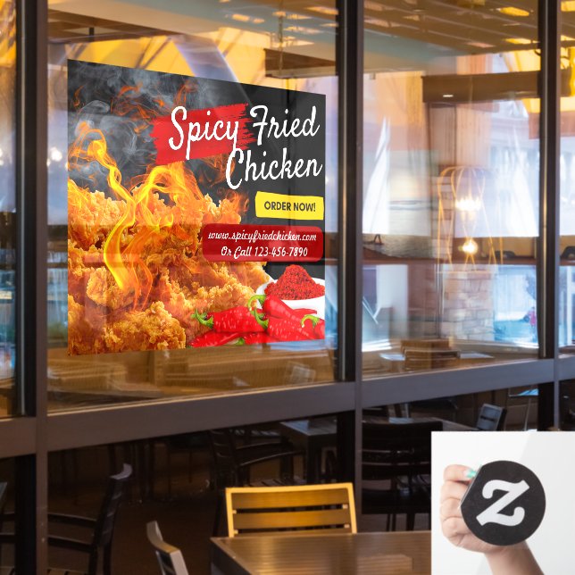 Customise Red Black Spicy Fried Chicken Restaurant Window Cling (Restaurant Window)