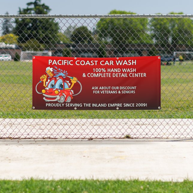 Customise Red Car Wash Comical Toon Car   Banner (Insitu)
