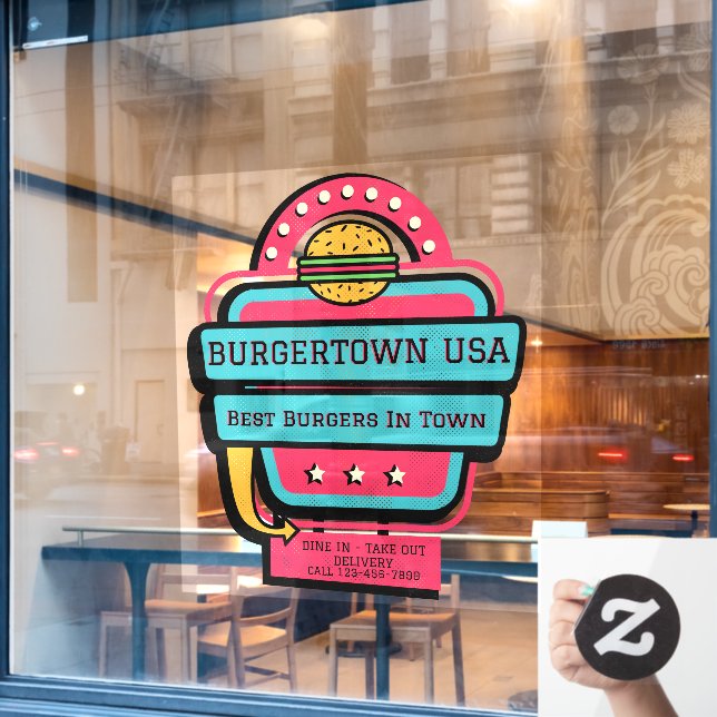Customise Retro Burger Restaurant Front  Window Cling (Cafe Window)