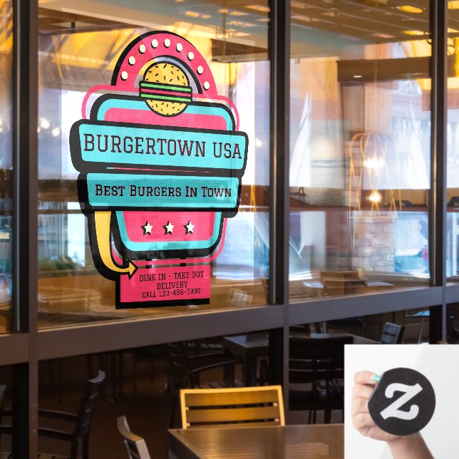 Customise Retro Burger Restaurant Front   Window Cling (Restaurant Window)