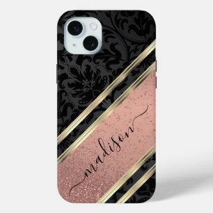 Customise Rose Gold Glitter and Black Damask  iPhone 15 Mini Case