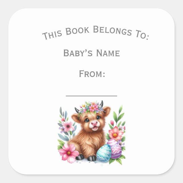 Customise Rustic Cute Baby Highland Cow Book Plate Square Sticker (Front)
