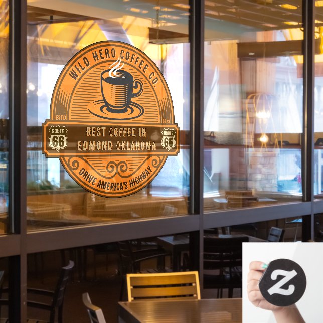 Customise Rustic Route 66 Coffee Shops Steaming Cu Window Cling (Restaurant Window)