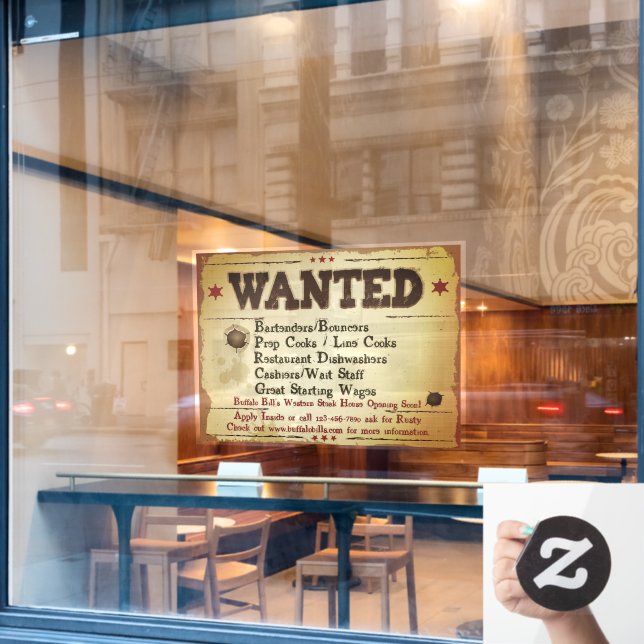 Customise Rustic Western Restaurant Help Wanted Window Cling (Cafe Window)