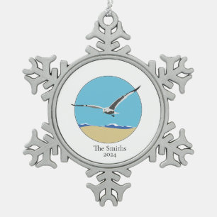 Customise Sea Gull flying over sand and beach Snowflake Pewter Christmas Ornament