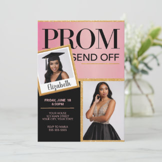 Customise Sparkling Pink Black Prom Send Off Photo Invitation