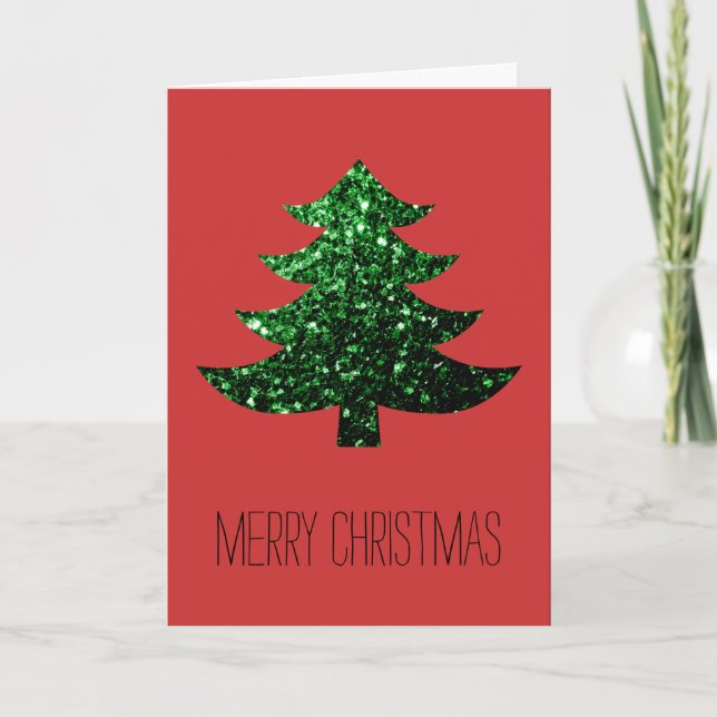 Customise Sparkly Christmas tree green sparkle Red Holiday Card (Front)