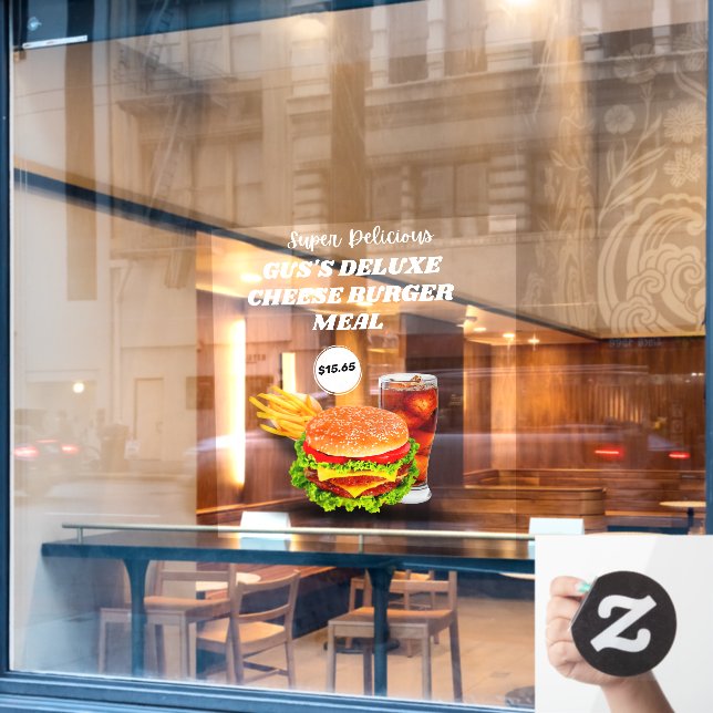 Customise Super Delicious Burger Meal Custom Price Window Cling (Cafe Window)