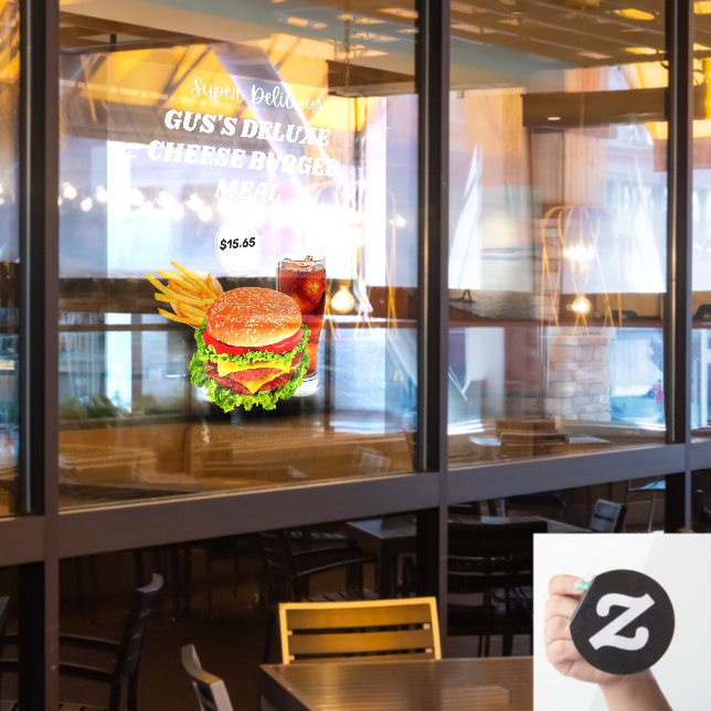 Customise Super Delicious Burger Meal Custom Price Window Cling (Restaurant Window)