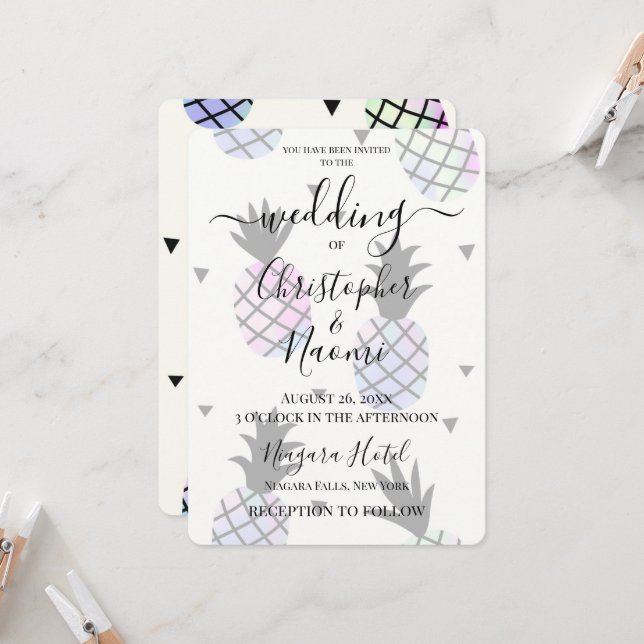Customise This: Fun Holographic Pineapples Invitation (Front/Back In Situ)