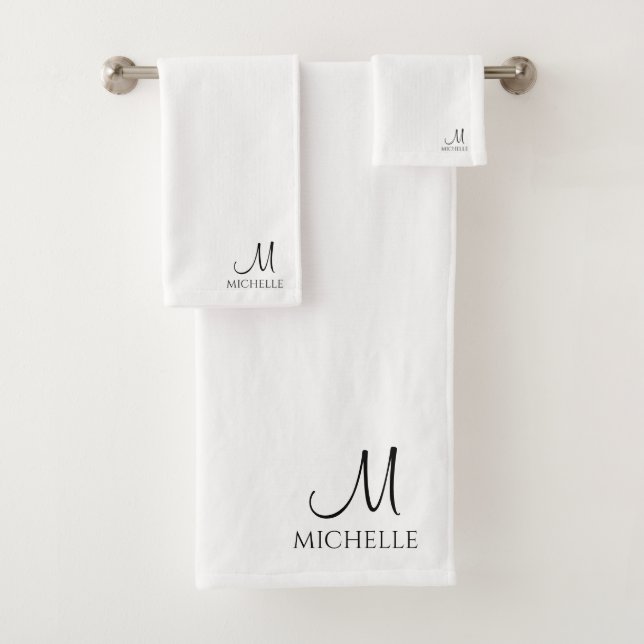 Customise Typography Monogram Name Black White Bath Towel Set (Insitu)