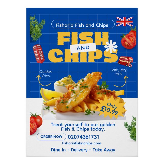 Customise UK Edition Delicious Fish N Chips Restau Poster (Front)