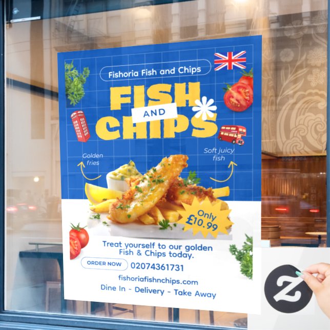Customise UK Edition Delicious Fish N Chips Restau Window Cling (Cafe Window)