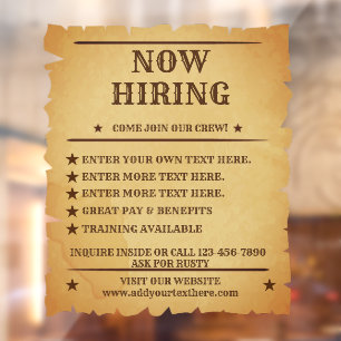 Customise Vintage Rustic Generic Now Hiring Poster Window Cling