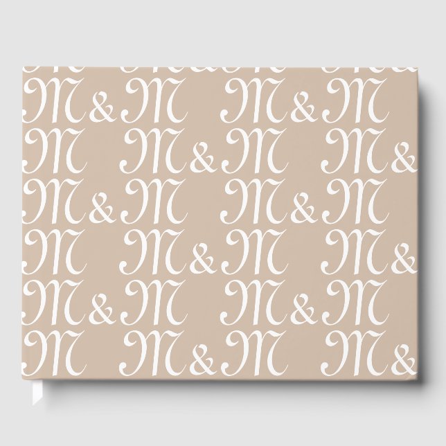 Customise w couple's Initials monogram beige white Guest Book (Front)