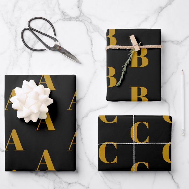 Customise w/Initial monogram Letter gold black Wrapping Paper Sheet (Front)