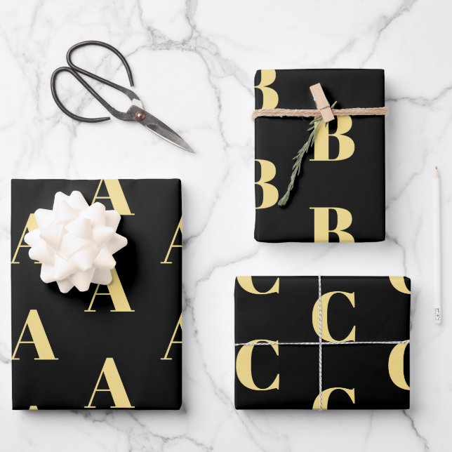 Customise w/Initial monogram Letter gold black Wrapping Paper Sheet (Front)