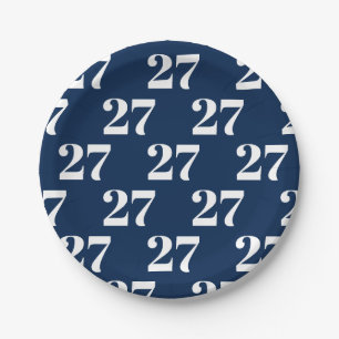 Customise w/Initial, White Letter Number navy blue Paper Plate