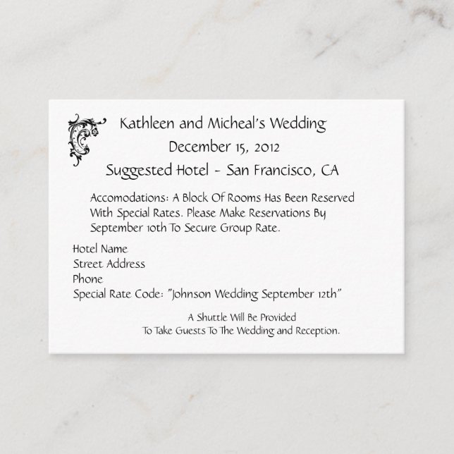 Customise Wedding Hotel Accommodation Insert Card (Front)