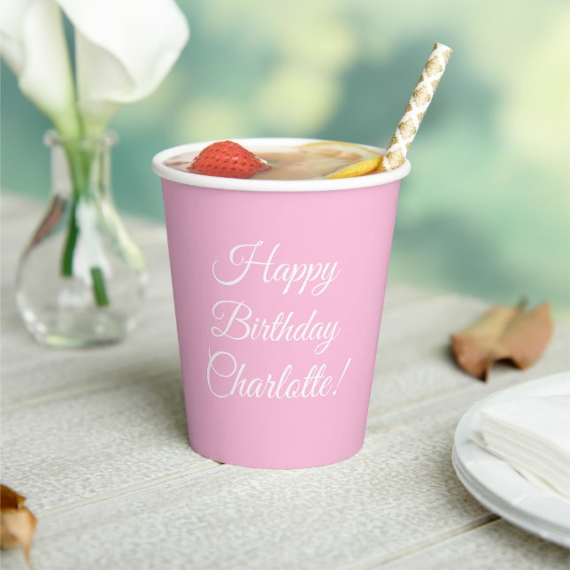 Customise with name, Happy Birthday, light pink Paper Cups (Insitu)