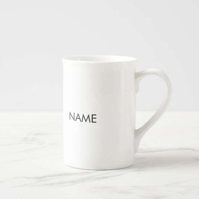 Customise with name, text minimalist black white bone china mug (Right)