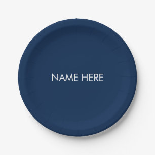 Customise with name, text minimalist navy blue paper plate