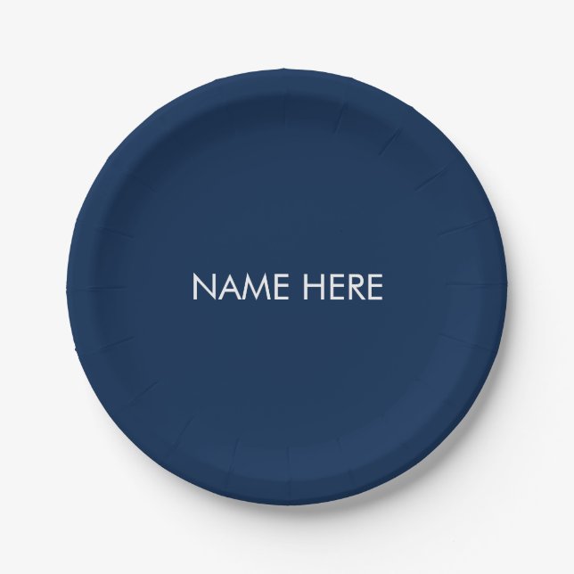 Customise with name, text minimalist navy blue paper plate (Front)