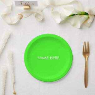 Customise with name, text minimalist neon green paper plate