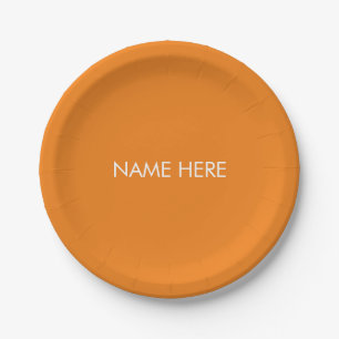 Customise with name, text minimalist orange white paper plate