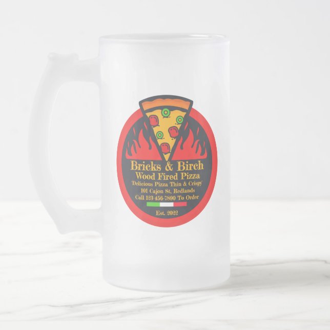 Customise Wood Fired Pizza Restaurant Promo  Frosted Glass Beer Mug (Left)