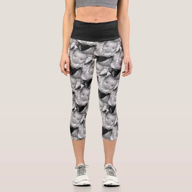 Customise Your Black White photo pattern Capri Leggings (Front)