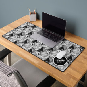 Customise Your Black White photo pattern Monogram Desk Mat