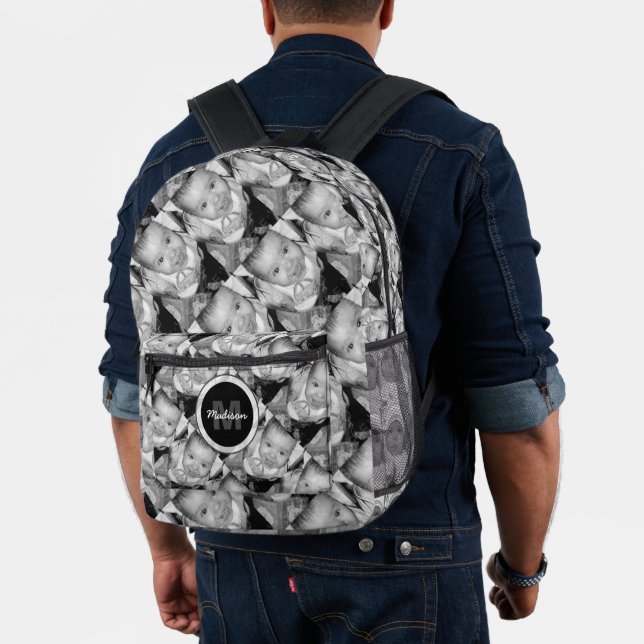 Customise Your Black White photo pattern Monogram Printed Backpack (Insitu (Model))