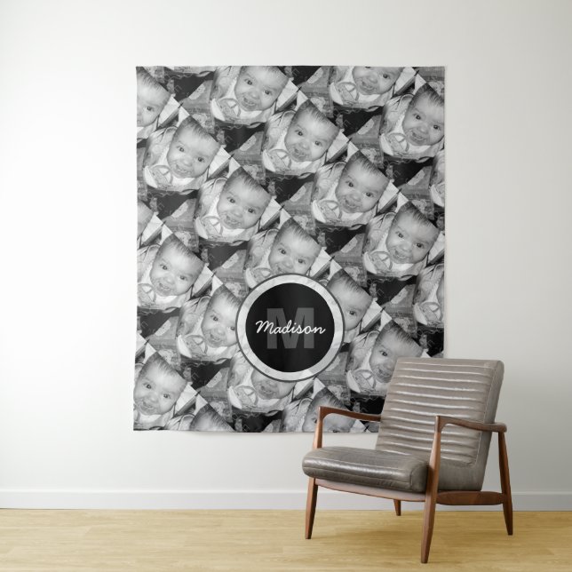 Customise Your Black White photo pattern Monogram Tapestry (In Situ)