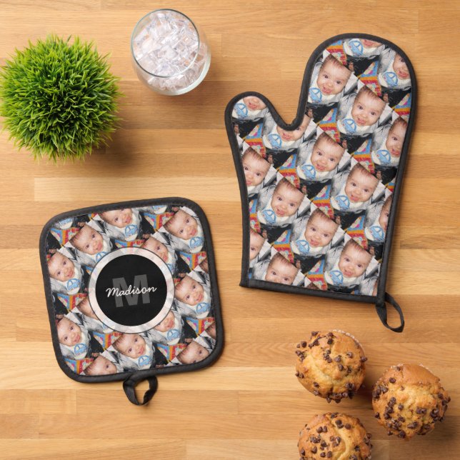 Customise Your custom two photo pattern Monogram Oven Mitt & Pot Holder Set (Top Down)