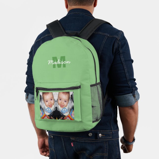 Customise Your photo custom monogram sage green Printed Backpack (Insitu (Model))
