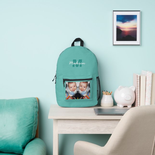 Customise Your photo custom monogram teal blue Printed Backpack (Insitu)
