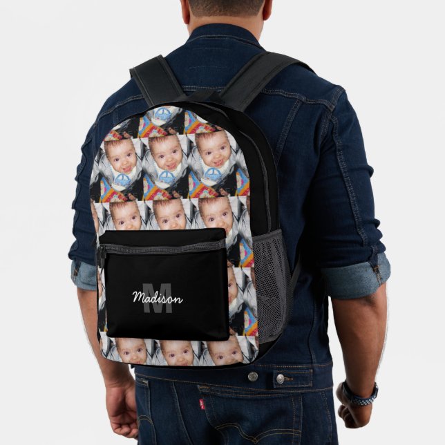 Customise Your photo pattern monogram name Black Printed Backpack (Insitu (Model))