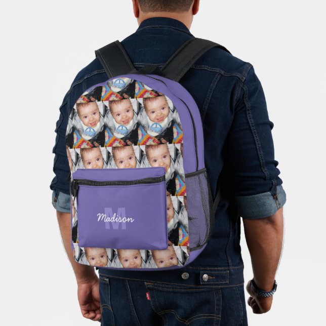 Customise Your photo pattern monogram name purple Printed Backpack (Insitu (Model))