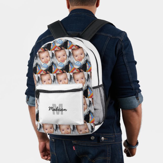 Customise Your photo pattern monogram white Printed Backpack (Insitu (Model))