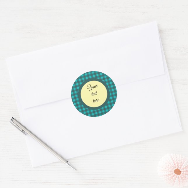 Customise Your Text Teal Check Plaid Pattern  Classic Round Sticker (Envelope)