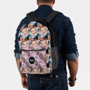Customise Your two photo pattern monogram Black Printed Backpack