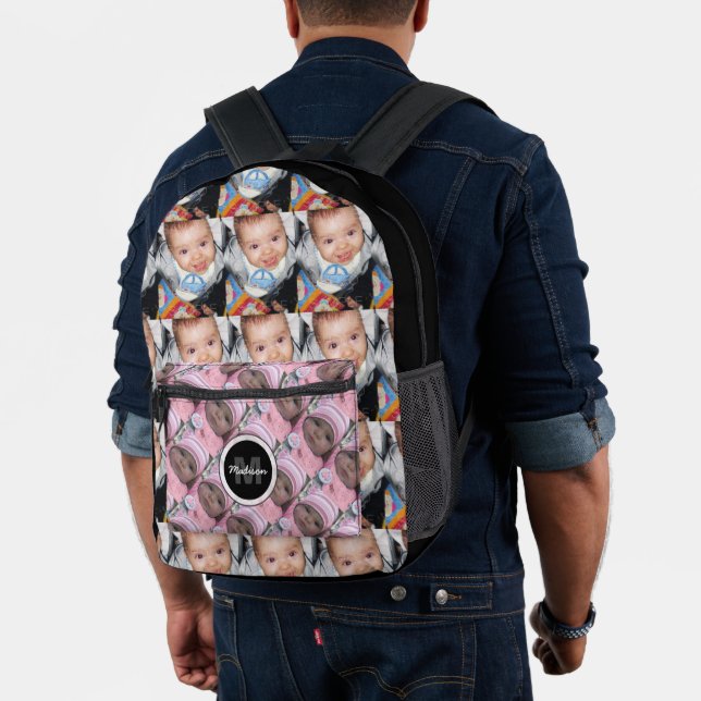 Customise Your two photo pattern monogram Black Printed Backpack (Insitu (Model))