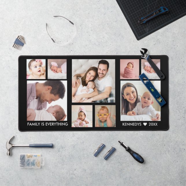 Customised 9 Photo Collage Family Name Quote Black Desk Mat (Workstation)
