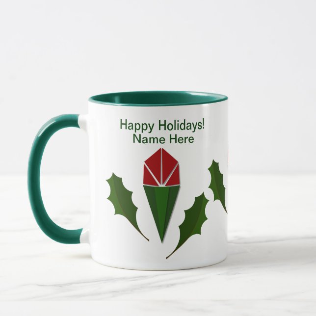Customised Abstract Red Roses, Holy Holiday Green Mug (Left)