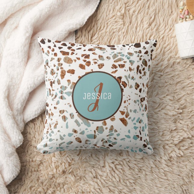 Customised Abstract Terrazzo Brown & Blue Pattern Cushion (Blanket)