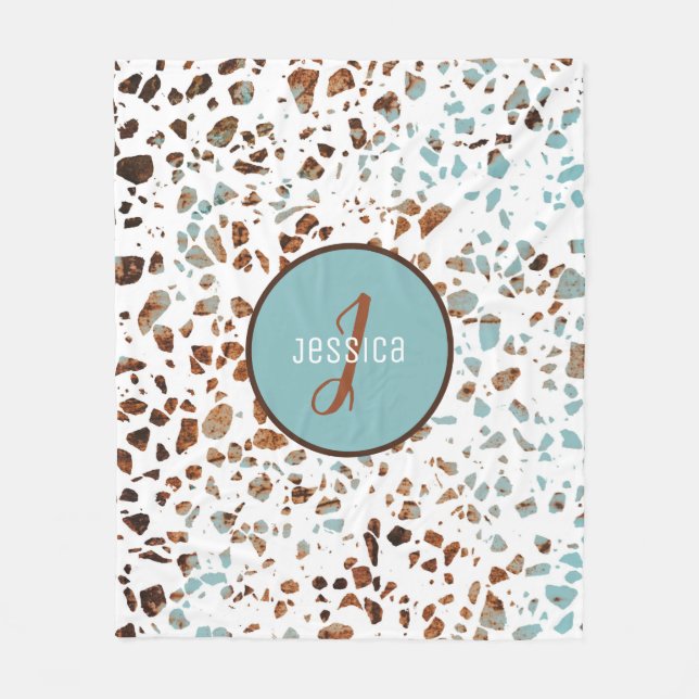Customised Abstract Terrazzo Brown & Blue Pattern  Fleece Blanket (Front)
