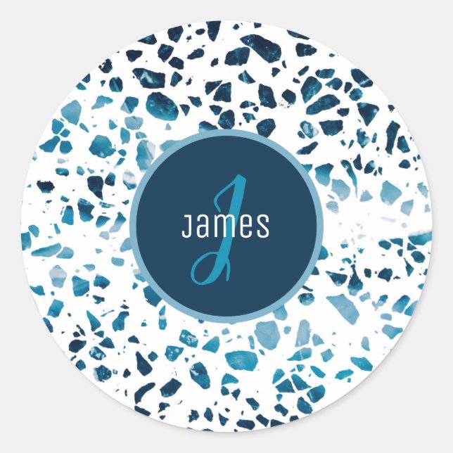 Customised Abstract Terrazzo Mosaic Blue Pattern Classic Round Sticker (Front)
